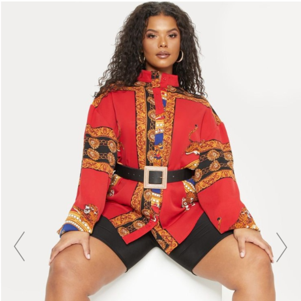 RED MIXED PRINT SHEER OVERSIZED SHIRT